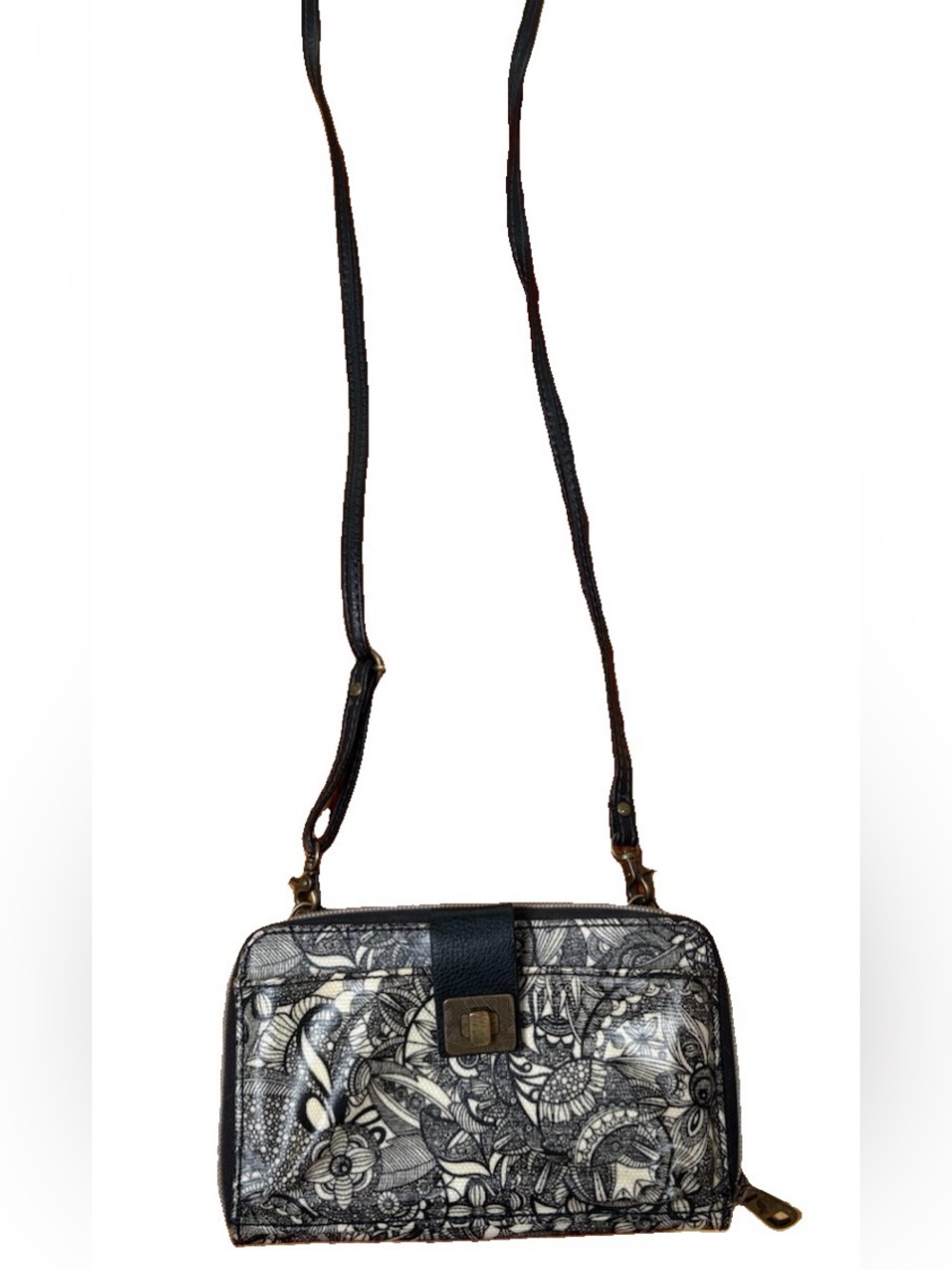 Sakroots, Black Floral Crossbody Wallet Bag with Adjustable Strap